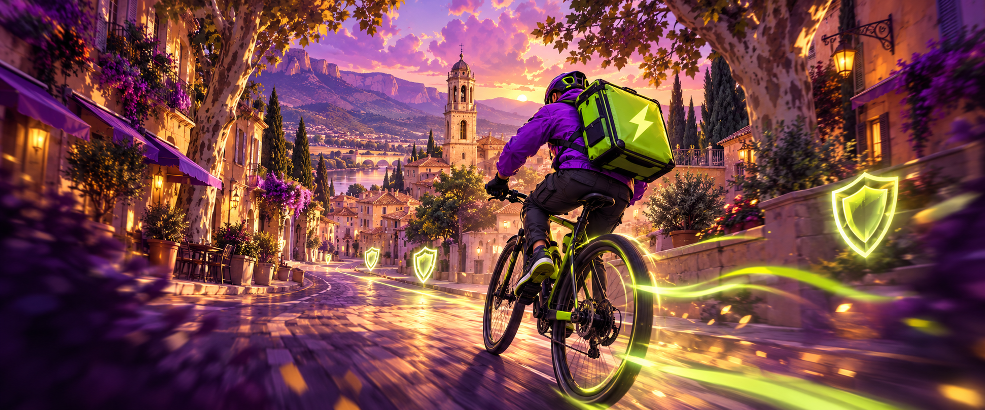Un livreur à vélo violet et vert dans une ville provençale illustrée